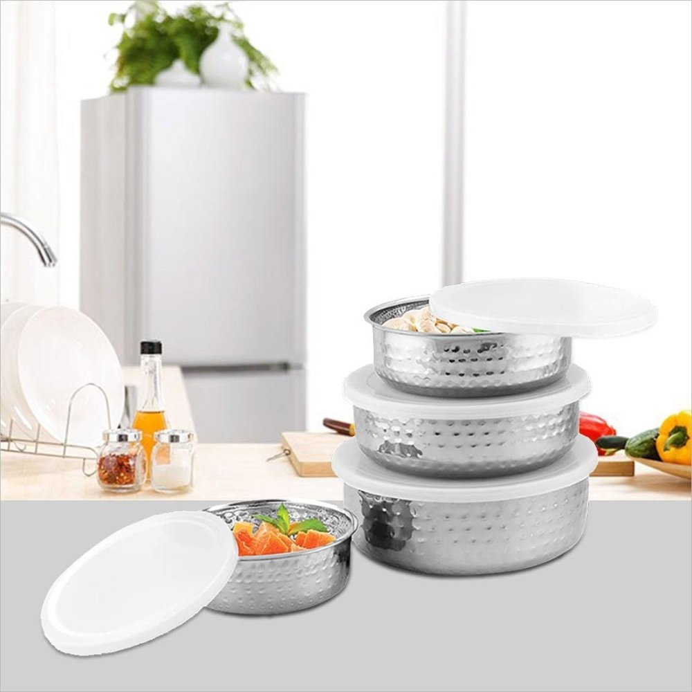 Stainless Steel 4 PCS Hammered Bowl with Plastic Lid
