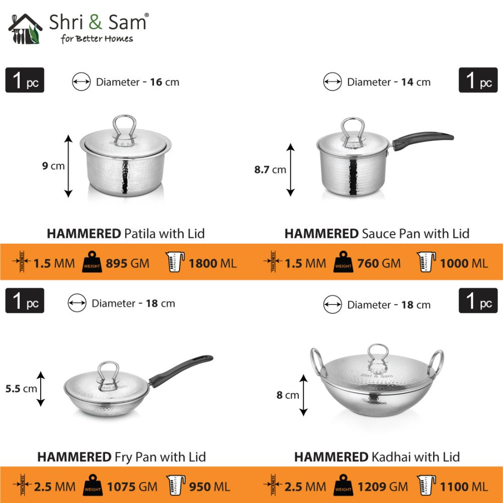 Stainless Steel 4 PCS Heavy Weight Hammered STARTER Cookware Set with Lid