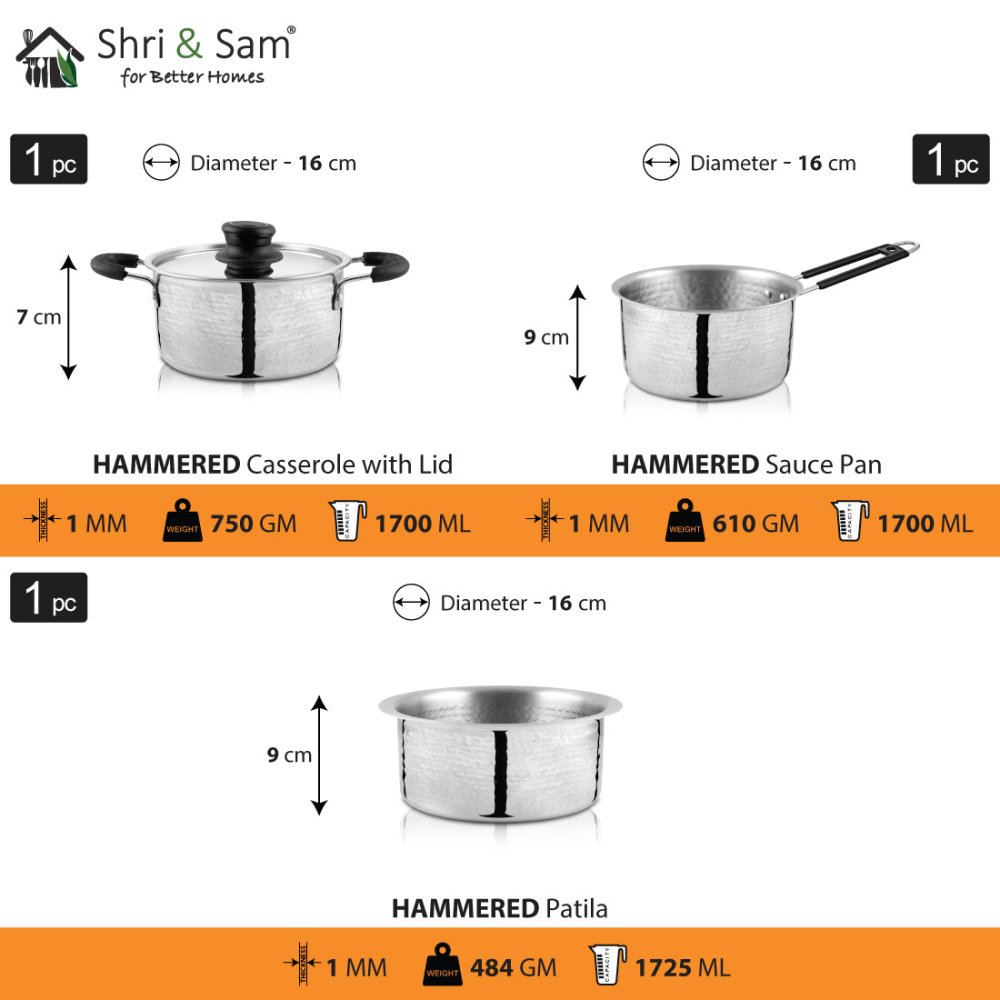 Stainless Steel 5 PCS Light Weight Hammered Cookware Set