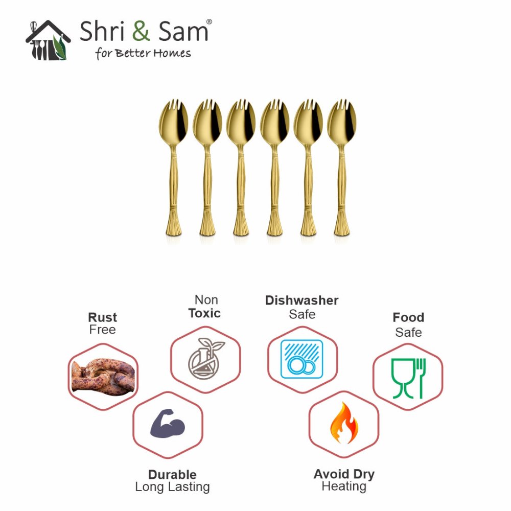 Stainless Steel 6 PCS Cutlery with Gold PVD Coating Spork 3 IN 1