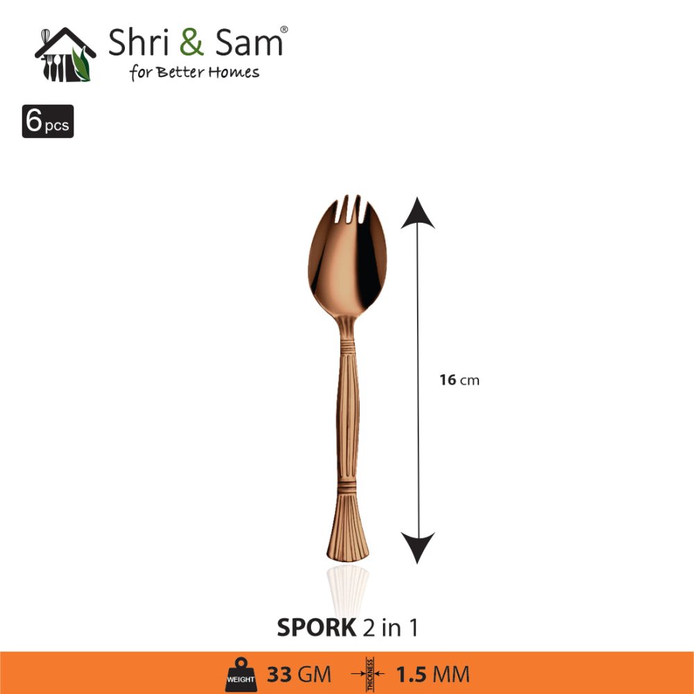 Stainless Steel 6 PCS Cutlery with Rose Gold PVD Coating Spork 2 IN 1