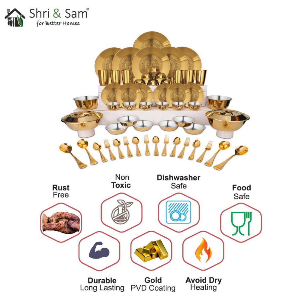 Stainless Steel 64 PCS Dinner Set (6 People) with Gold PVD Coating and Laser Signature - Matt