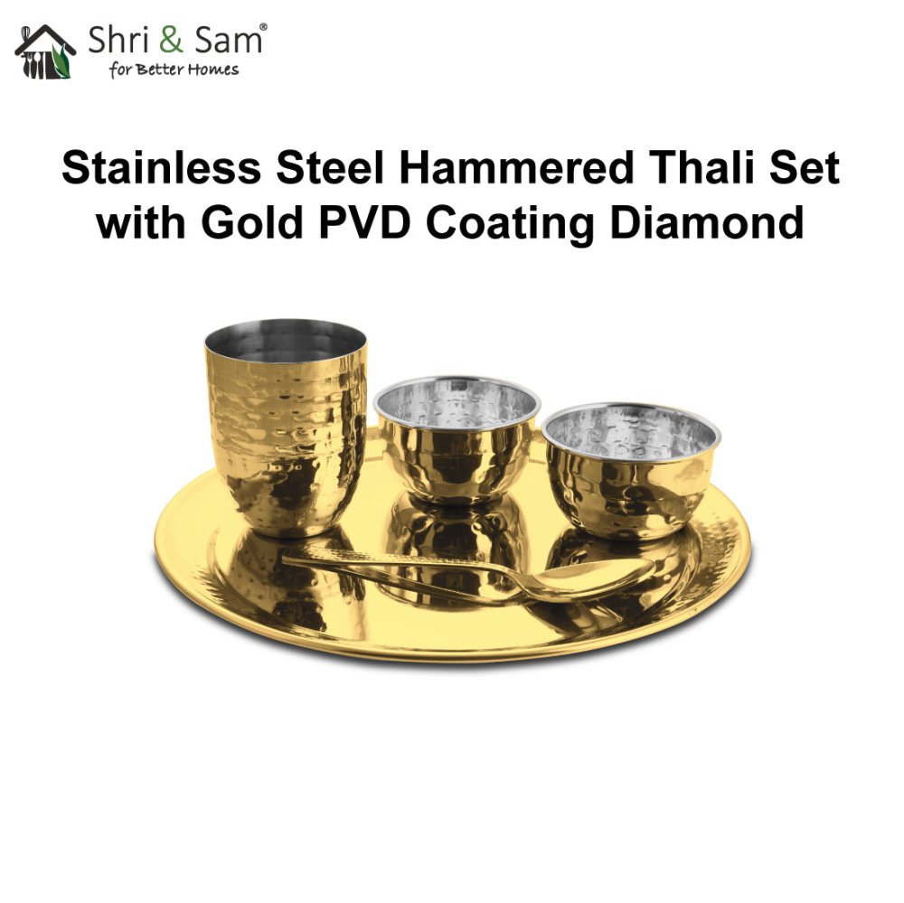 Stainless Steel Hammered Thali Set with Gold PVD Coating Diamond