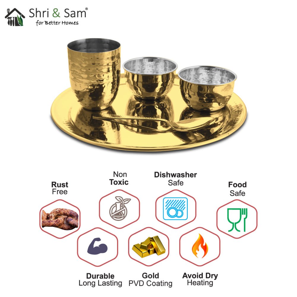 Stainless Steel Hammered Thali Set with Gold PVD Coating Diamond