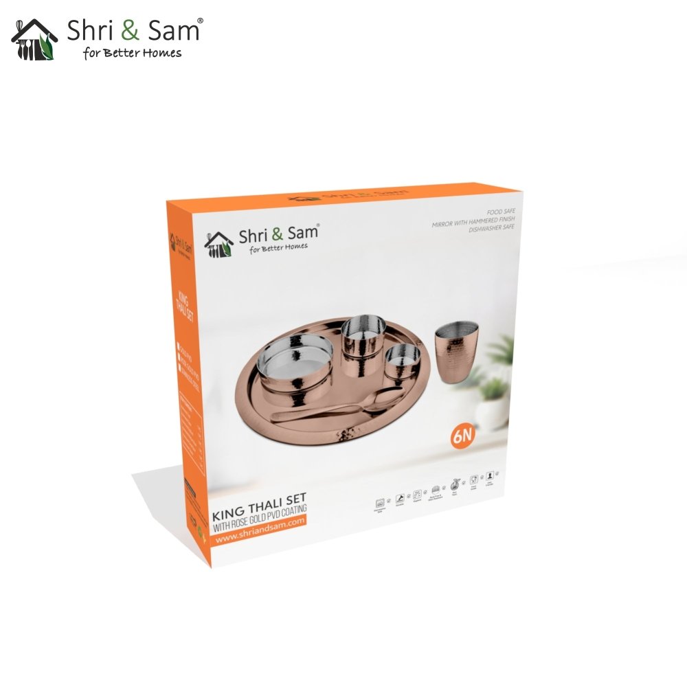 Stainless Steel Hammered Thali Set with Rose Gold PVD Coating Diamond