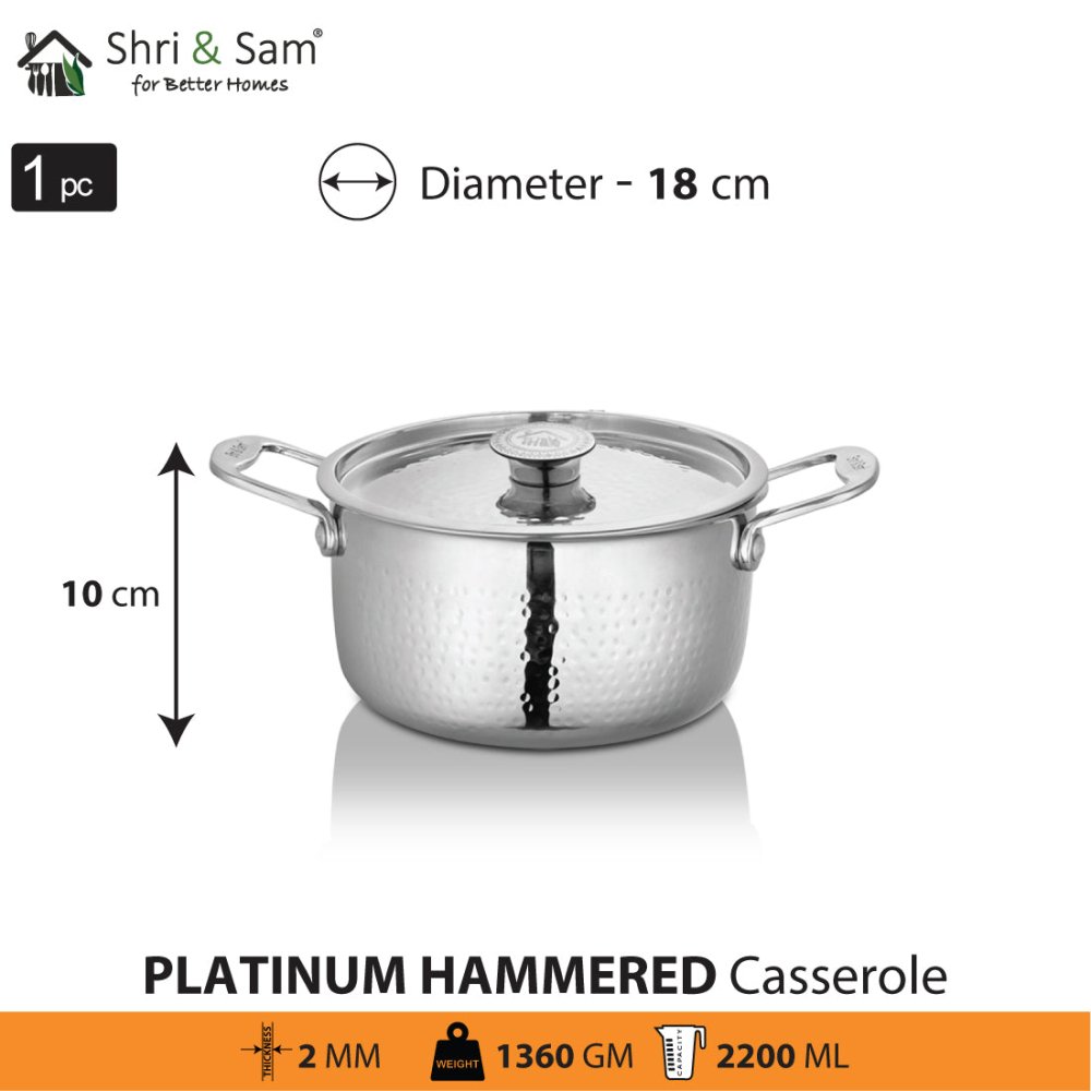 Stainless Steel Heavy Weight Hammered Casserole with SS Lid Platinum