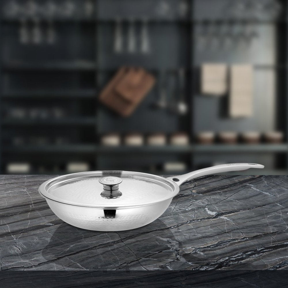 Stainless Steel Heavy Weight Hammered Fry Pan with SS Lid Platinum