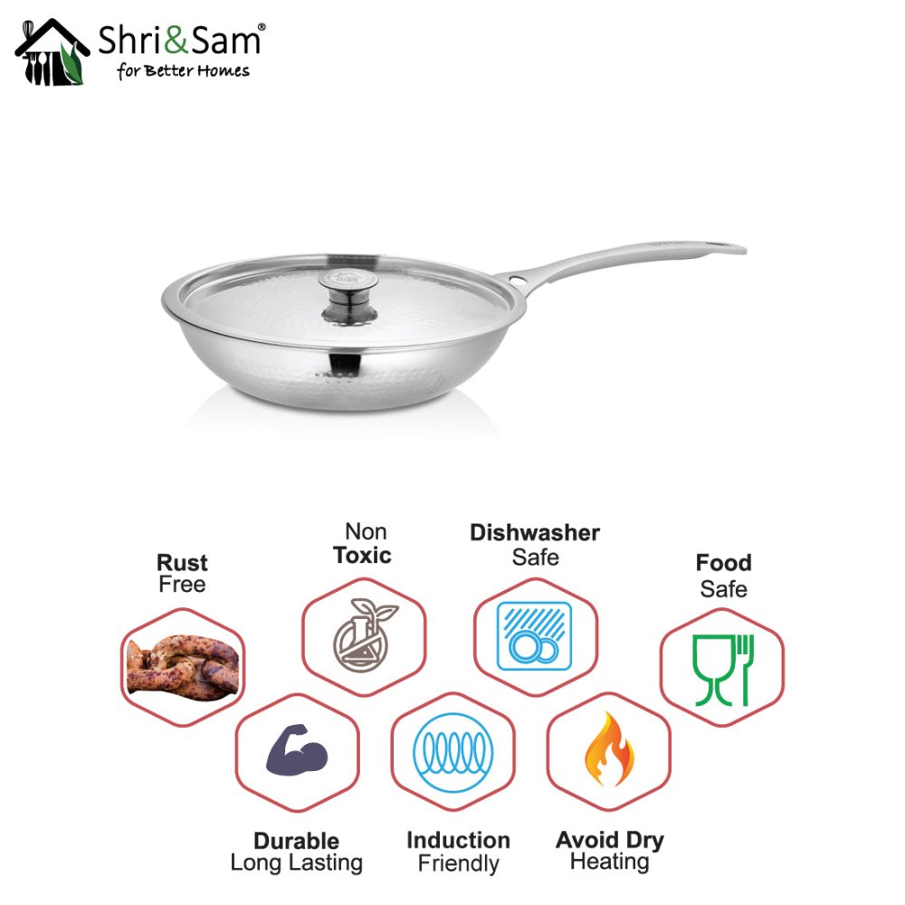 Stainless Steel Heavy Weight Hammered Fry Pan with SS Lid Platinum