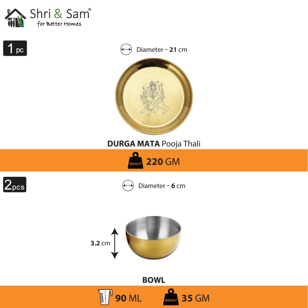 Stainless Steel Pooja Thali Set with Gold PVD Coating Durga Mata