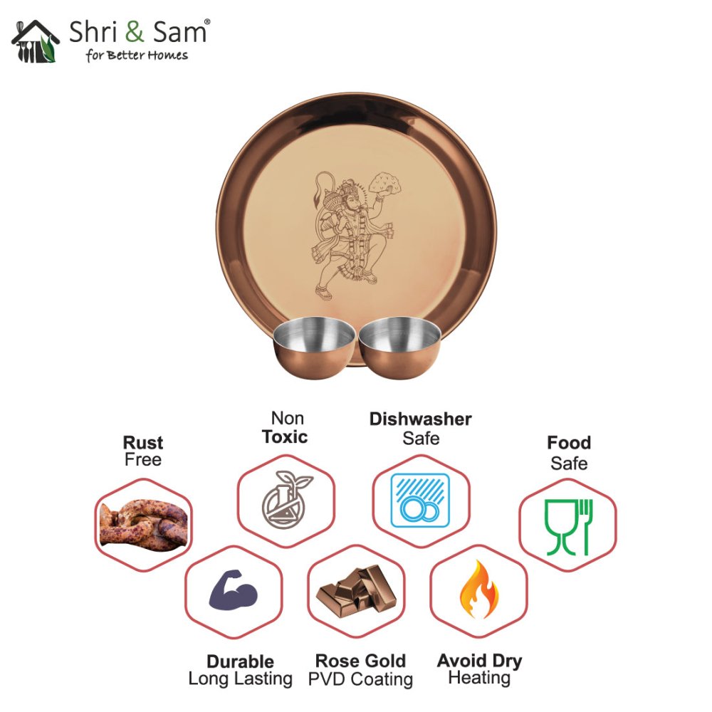 Stainless Steel Pooja Thali Set with Rose Gold PVD Coating Hanuman