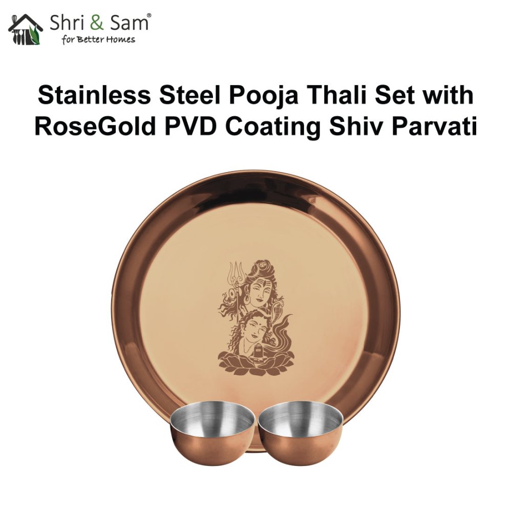 Stainless Steel Pooja Thali Set with Rose Gold PVD Coating Shiv Parvati