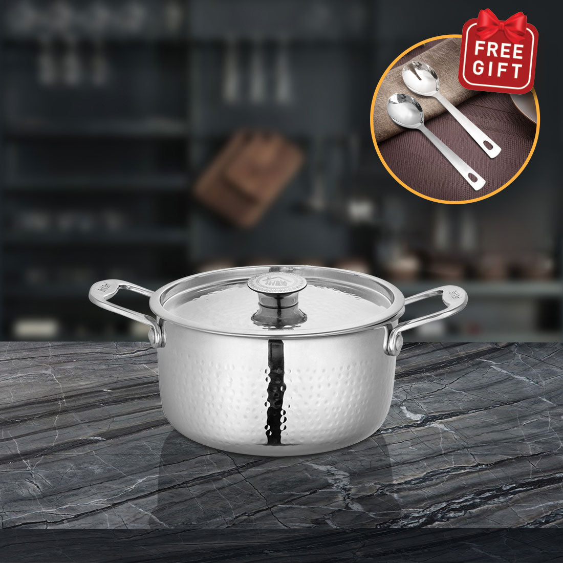 Stainless Steel Heavy Weight Hammered Casserole with SS Lid Platinum