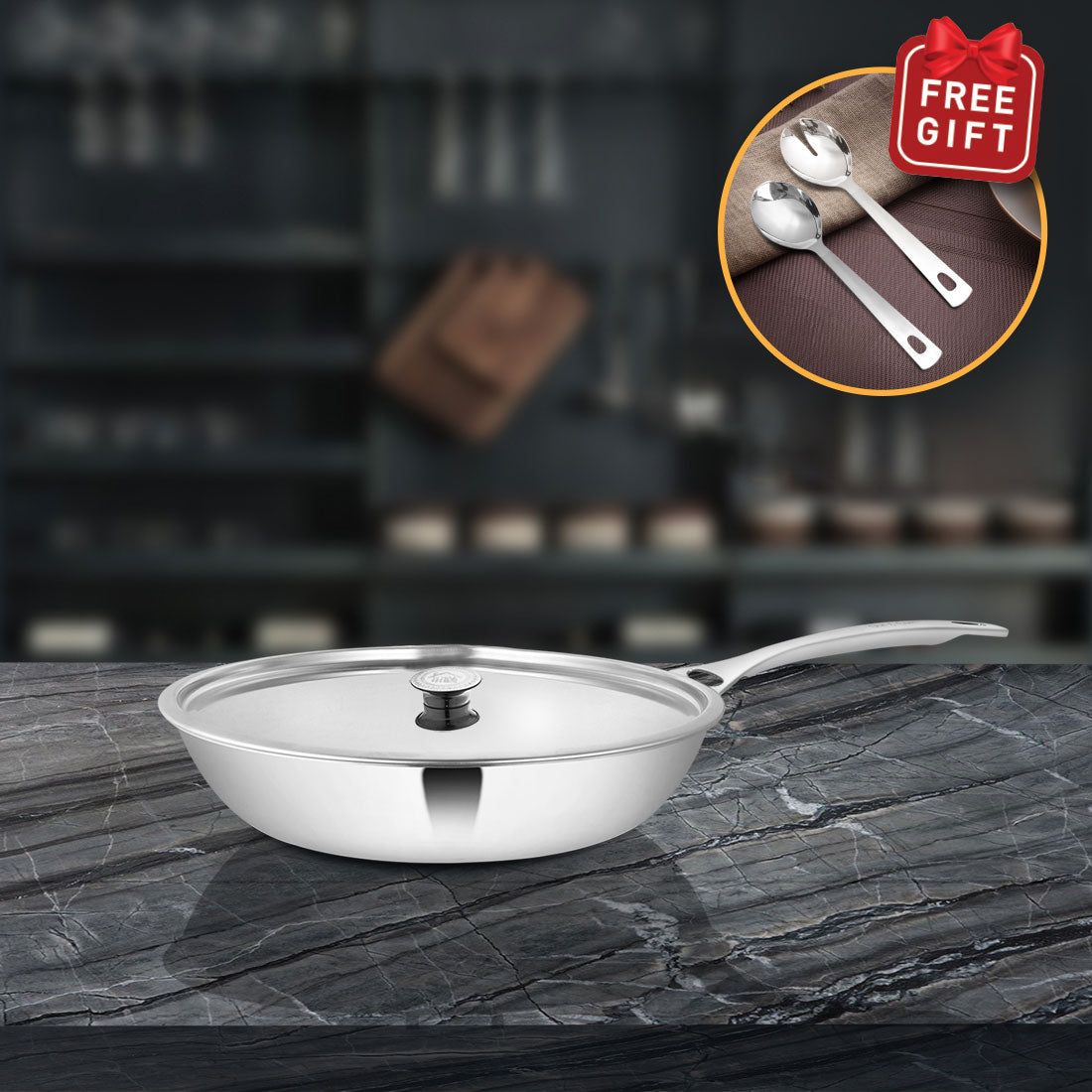 Stainless Steel Heavy Weight Fry Pan with SS Lid Platinum