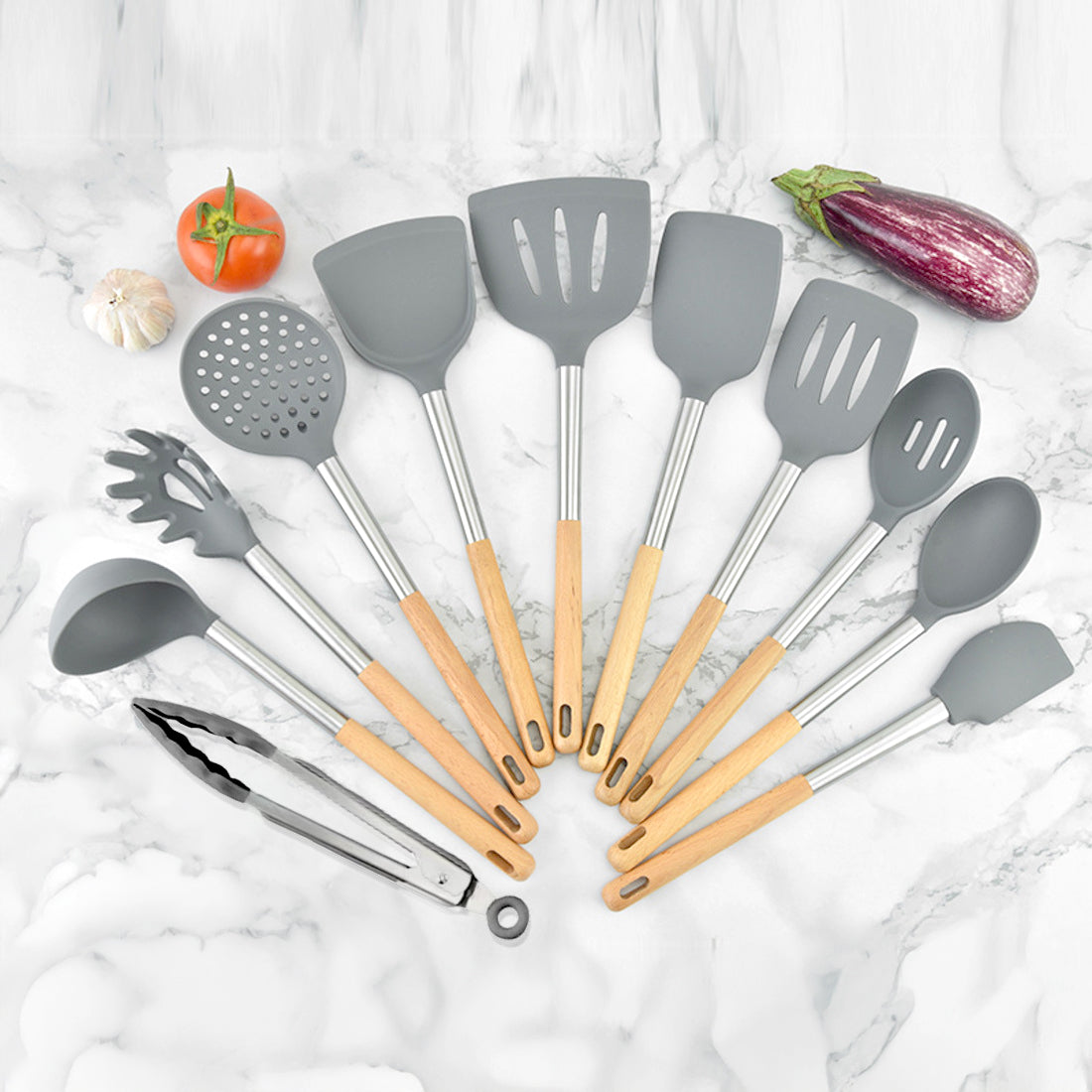 11 PCS Silicon Kitchen Tool Set with Wooden Handle