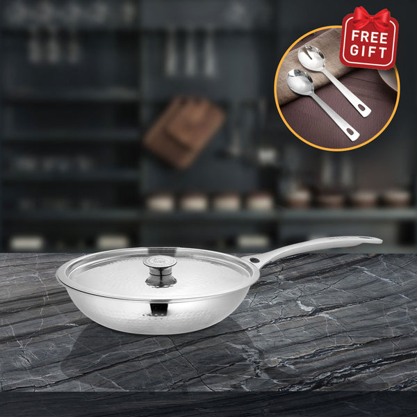 Stainless Steel Heavy Weight Hammered Fry Pan with SS Lid Platinum