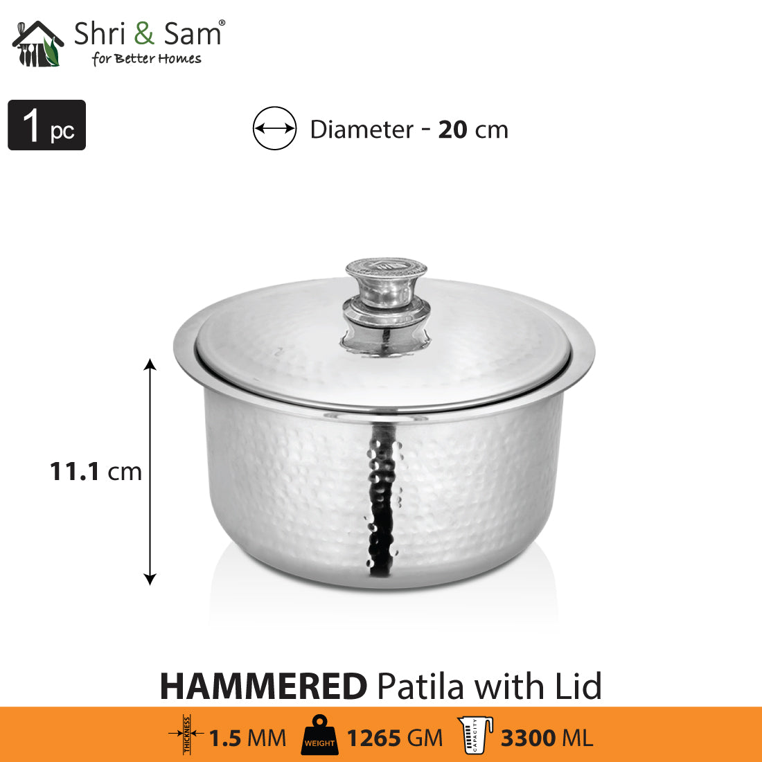 Stainless Steel Heavy Weight Hammered Patila with SS Lid