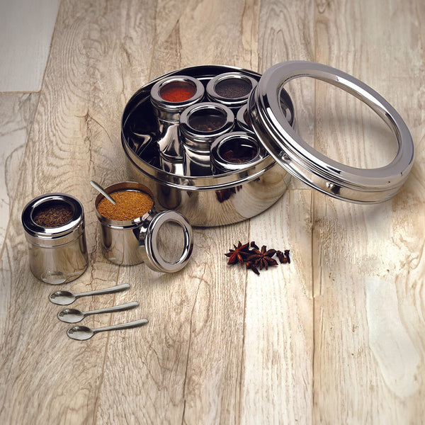 Stainless Steel Small Masala Box with See Through Lid and 7 Containers with Spoon