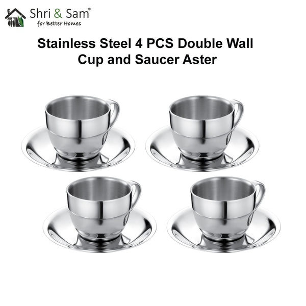 Stainless Steel 4 PCS Double Wall Cup and Saucer Aster