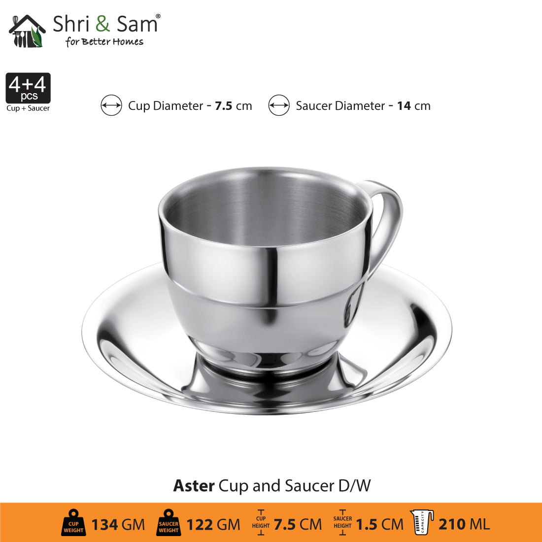 Stainless Steel 4 PCS Double Wall Cup and Saucer Aster