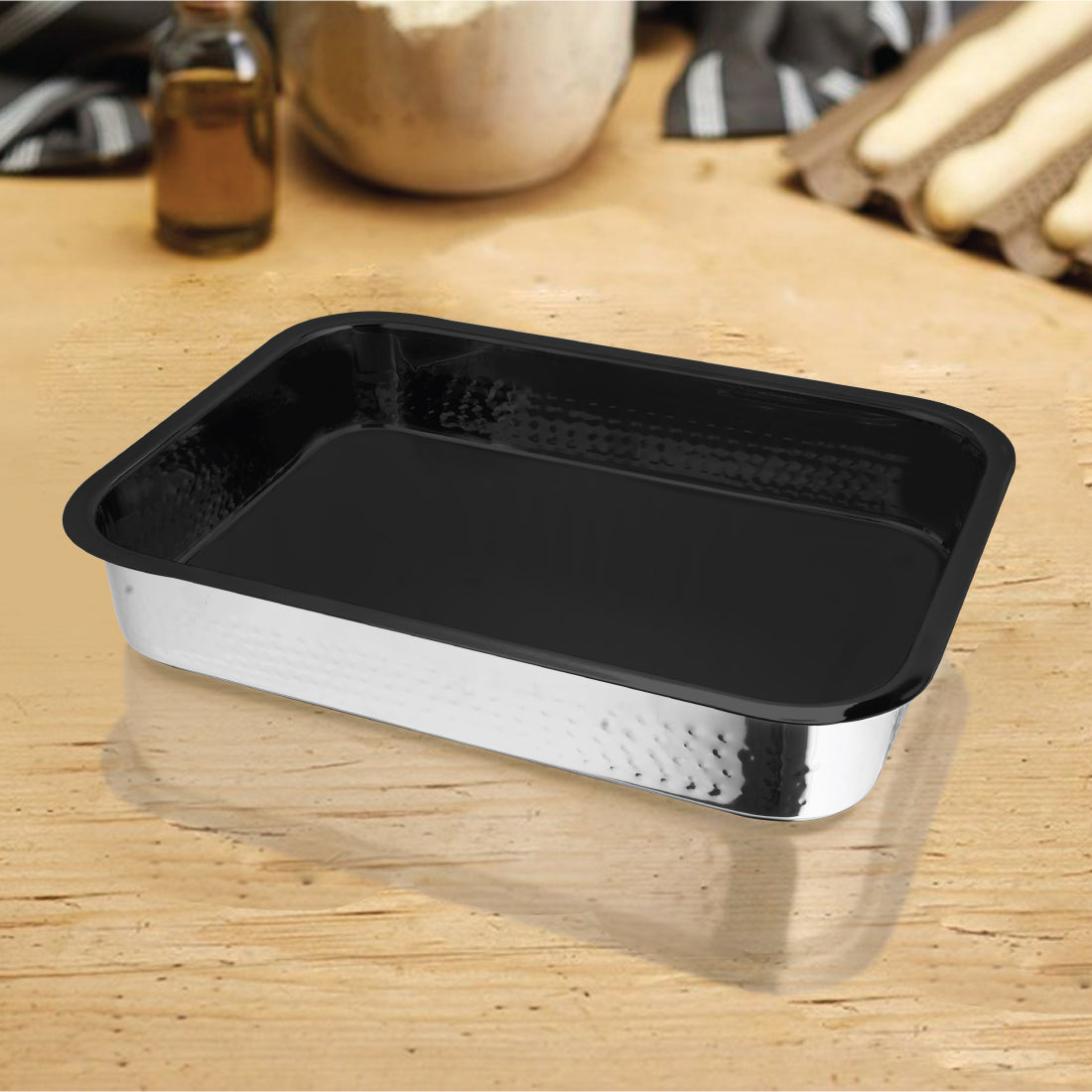 Stainless Steel Hammered Rectangular Baking Tray with Black Coating