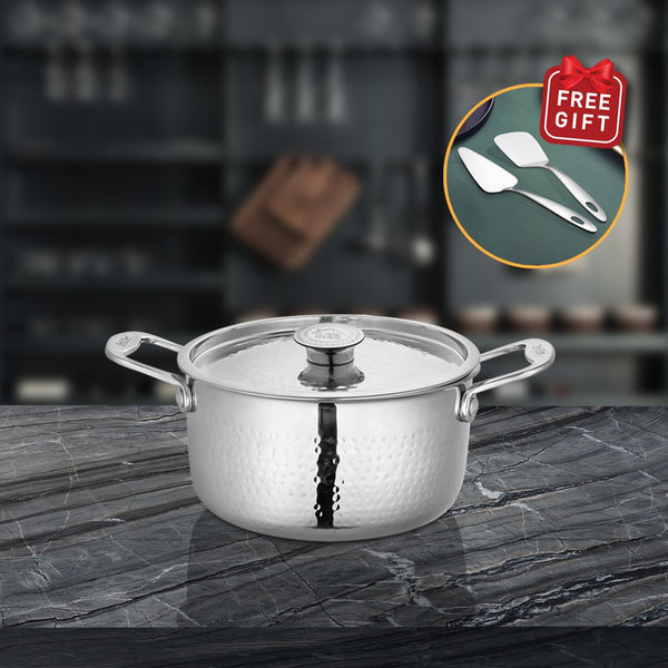 Stainless Steel Heavy Weight Hammered Casserole with SS Lid Platinum