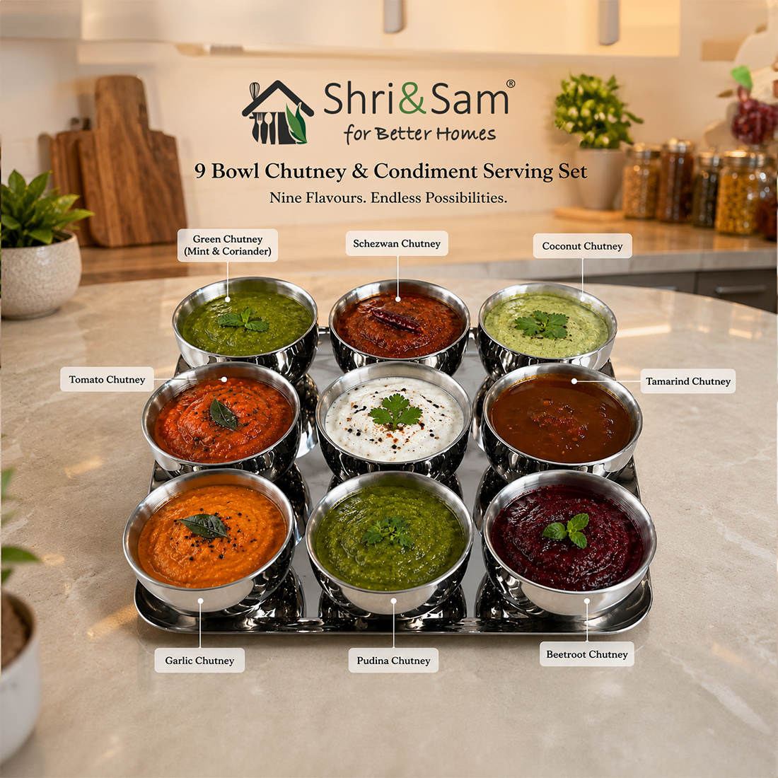 Sam Stainless Steel 9 Bowl Chutney & Condiment Serving Set with Tray