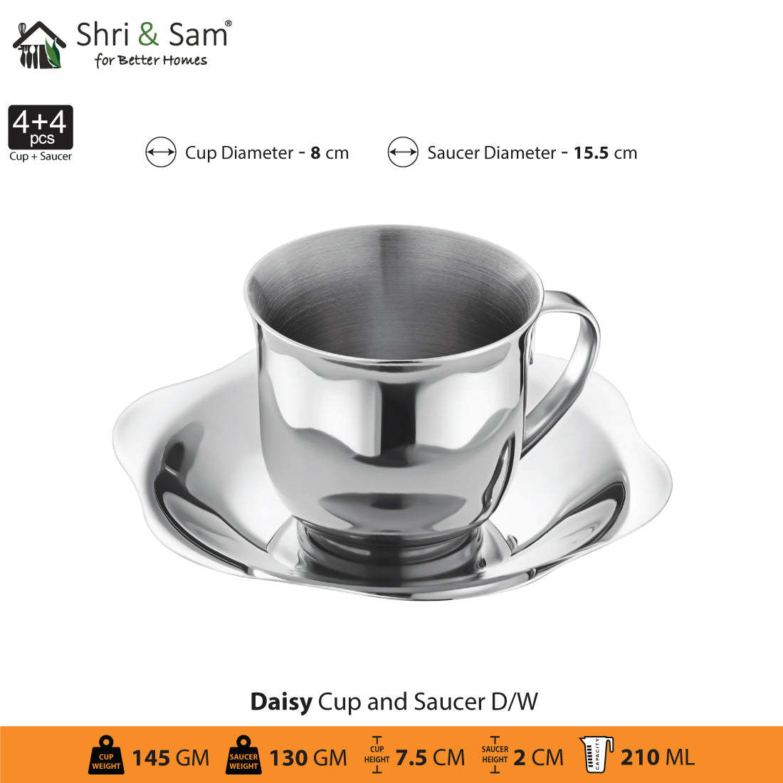 Stainless Steel 4 PCS Double Wall Cup and Saucer Daisy