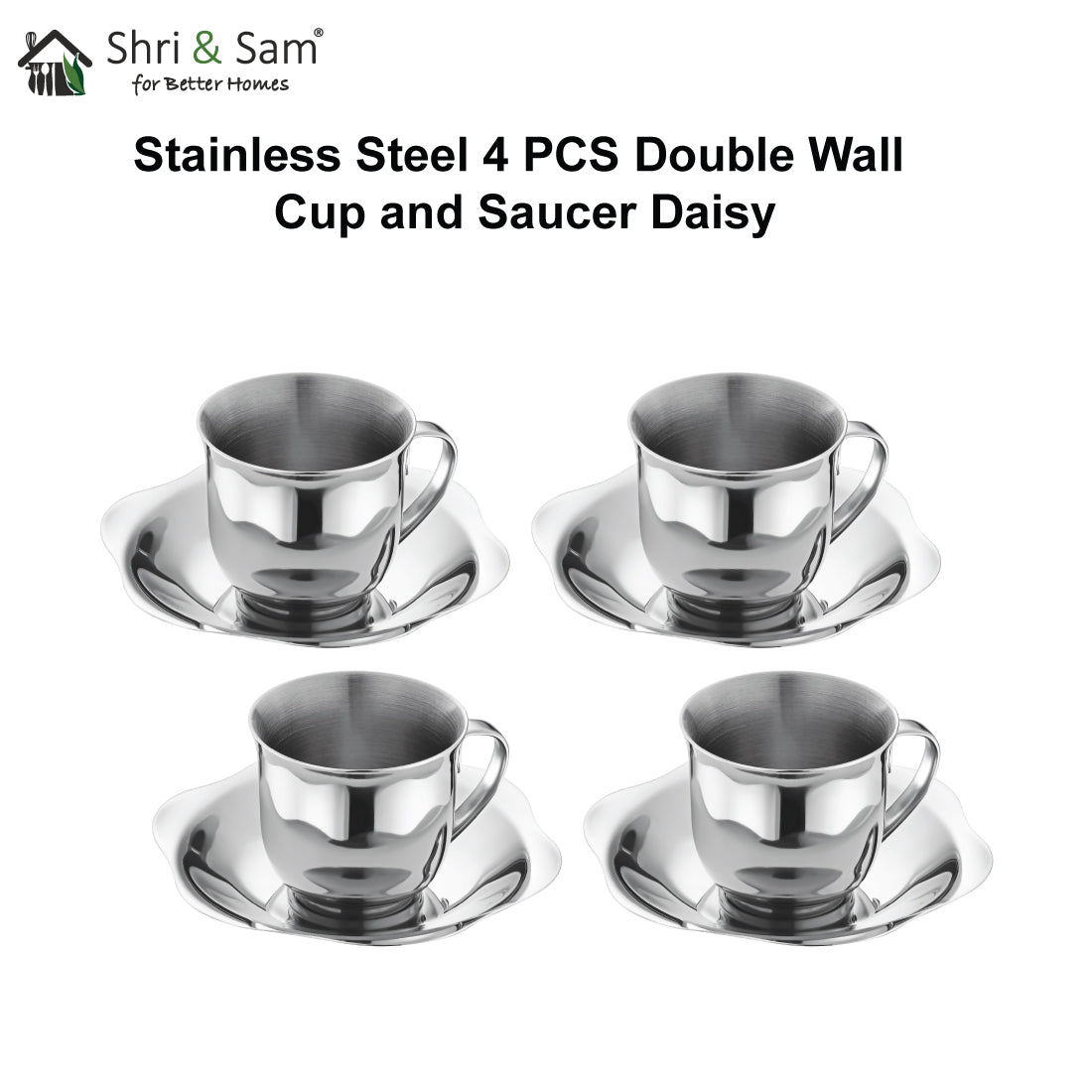 Stainless Steel 4 PCS Double Wall Cup and Saucer Daisy