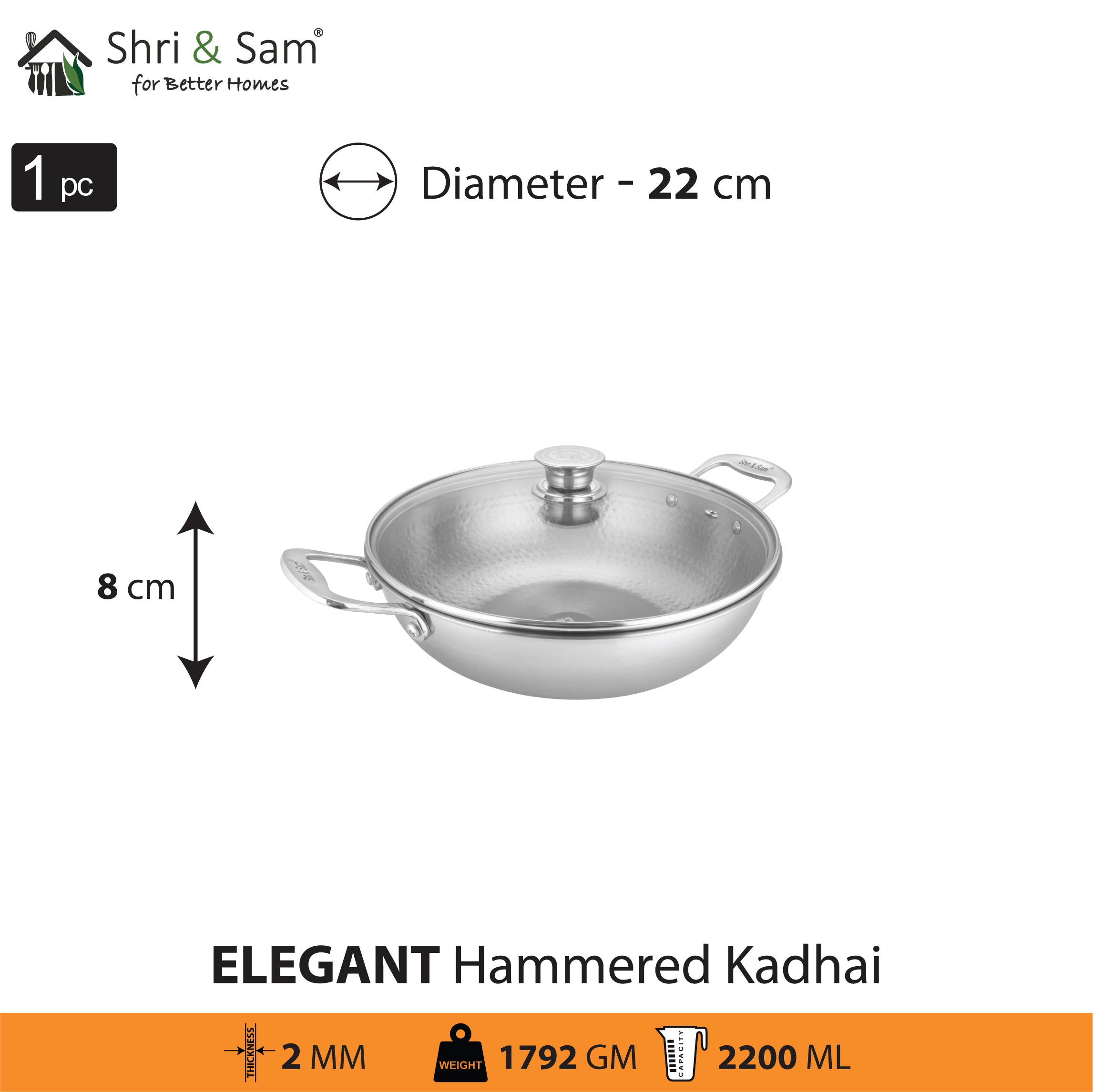 Stainless Steel Heavy Weight Hammered Kadhai with Glass Lid Elegant
