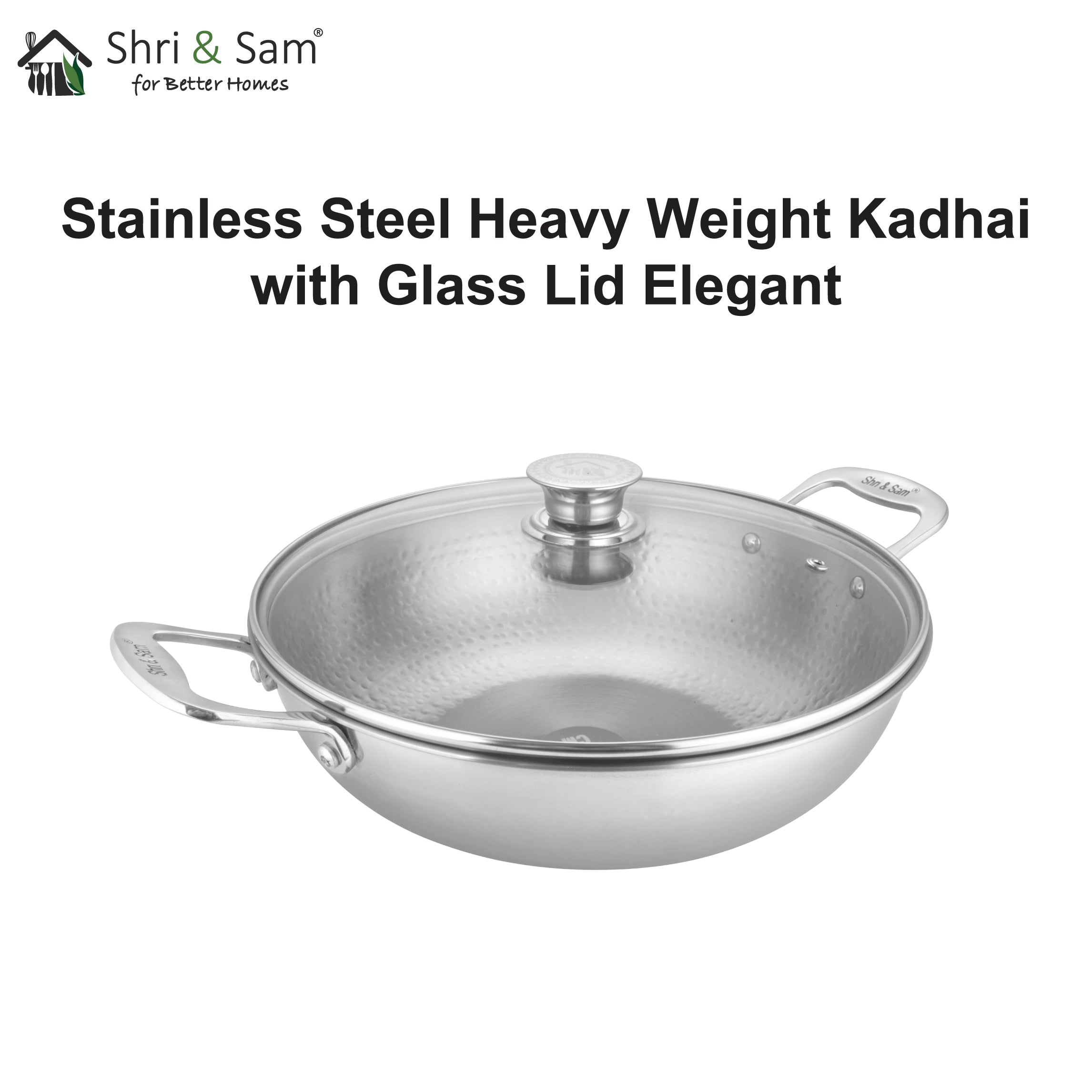 Stainless Steel Heavy Weight Hammered Kadhai with Glass Lid Elegant