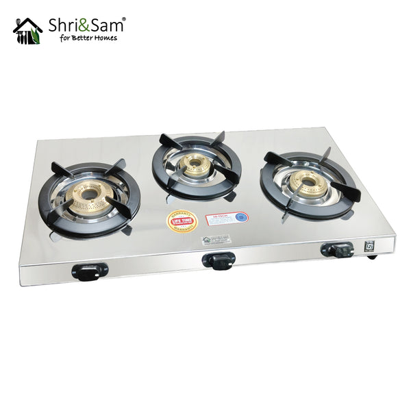 Ultra Slim Stainless Steel 3B Sleek Cooktop with 3 Burner Manual Ignition