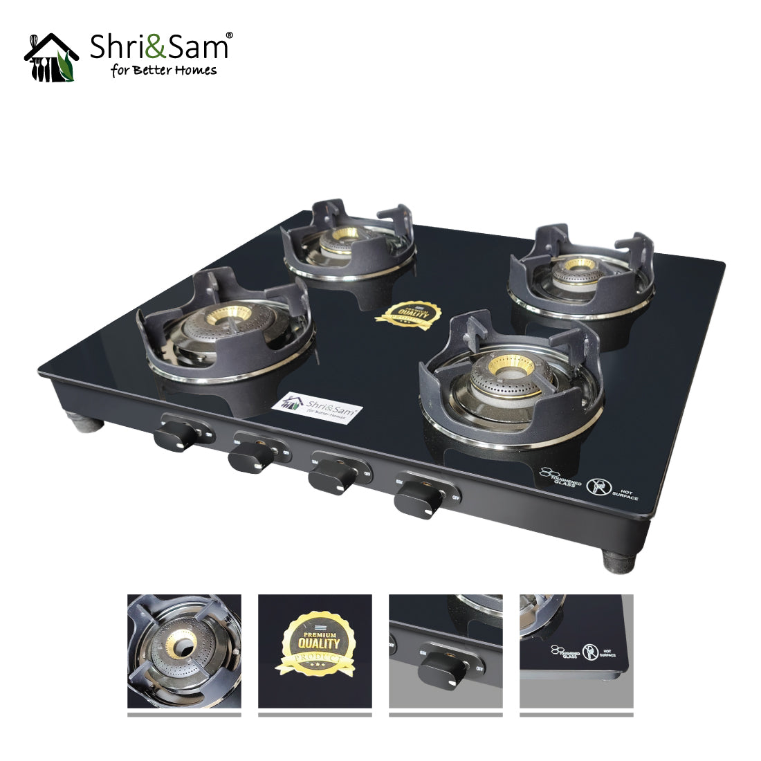 Toughened Glass 4B Crown Cooktop with 4 Burner Manual Ignition