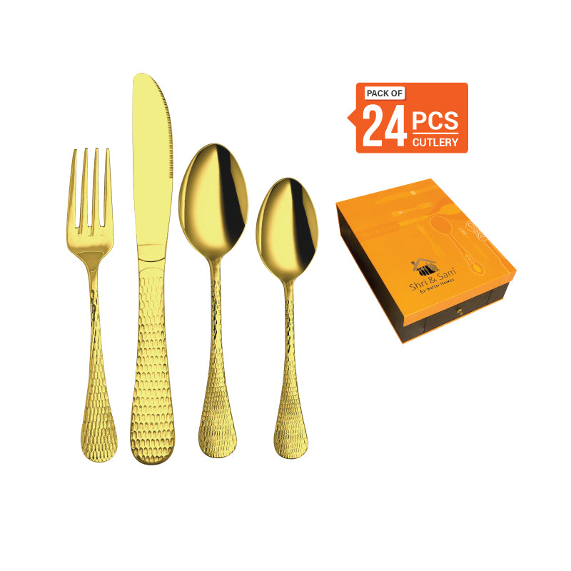 Stainless Steel 24 PCS Cutlery Set with Gold PVD Coating New Rosemary Hammered