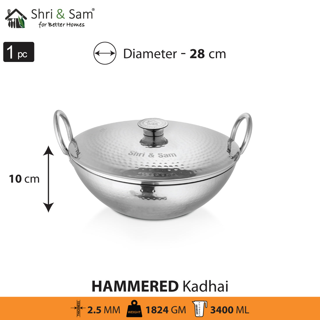 Stainless Steel Heavy Weight Hammered Kadhai with SS Lid