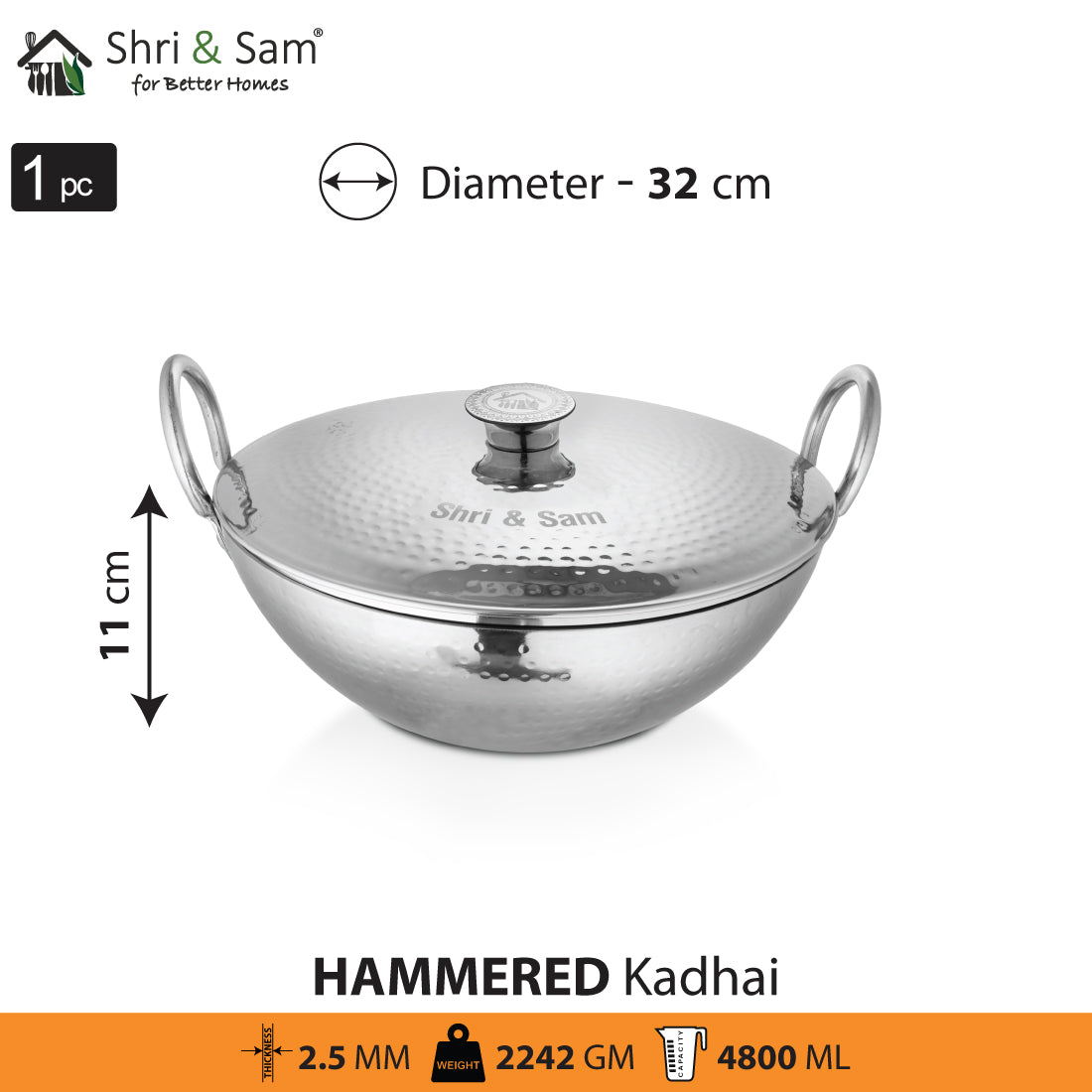 Stainless Steel Heavy Weight Hammered Kadhai with SS Lid