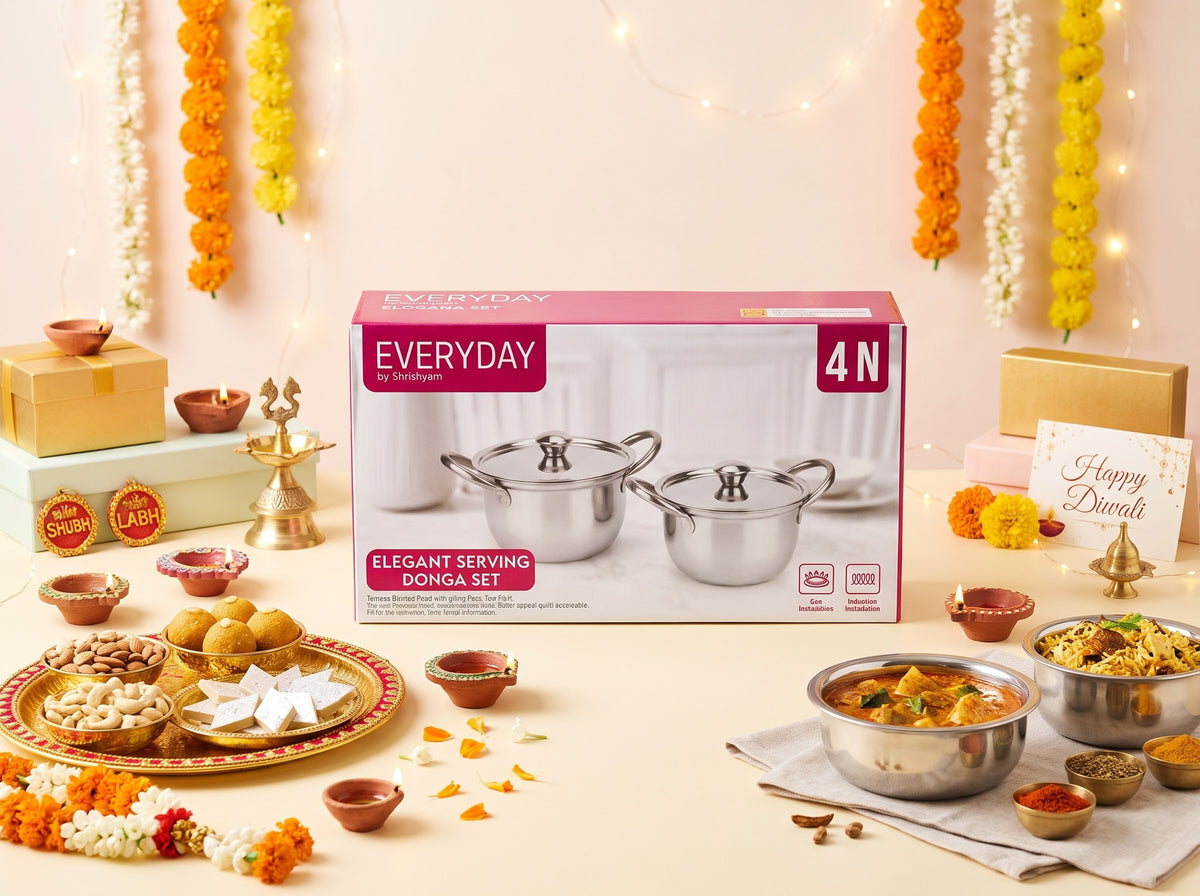 Everyday Stainless Steel Serving Elegant Donga Set with Steel Lid | Multipurpose Donga Induction Bottom Cookware Set