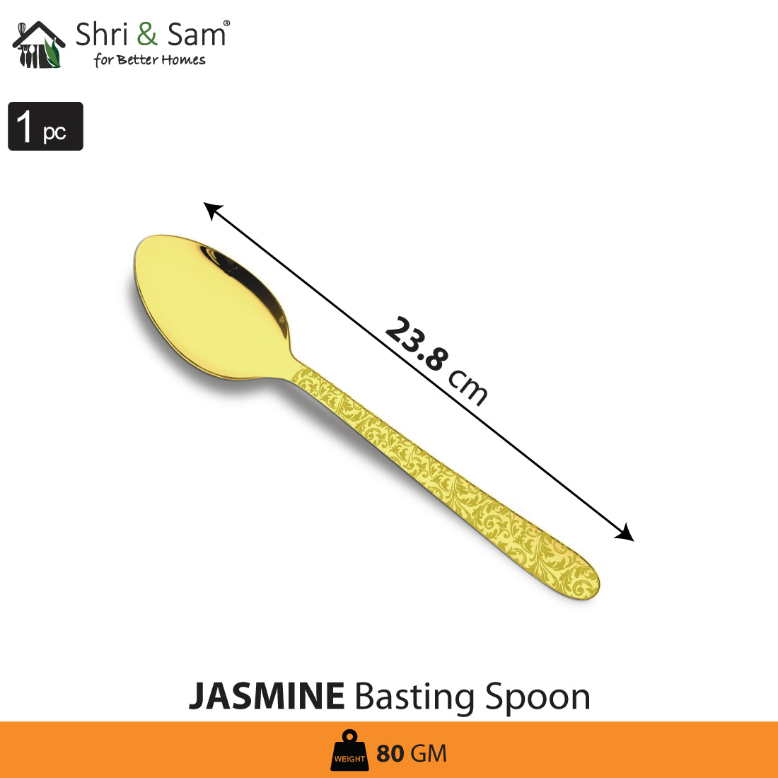 Stainless Steel Basting Spoon Solid with Gold PVD Coating and Laser Jasmine