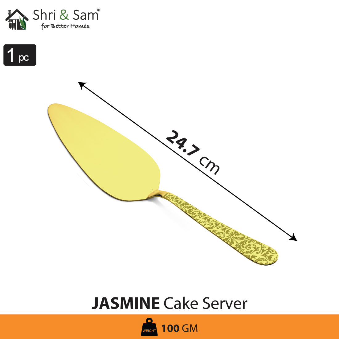 Stainless Steel Cake Server with Gold PVD Coating and Laser Jasmine