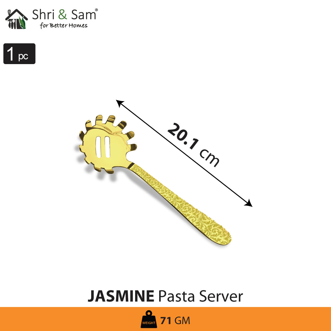 Stainless Steel Pasta Server with Gold PVD Coating and Laser Jasmine