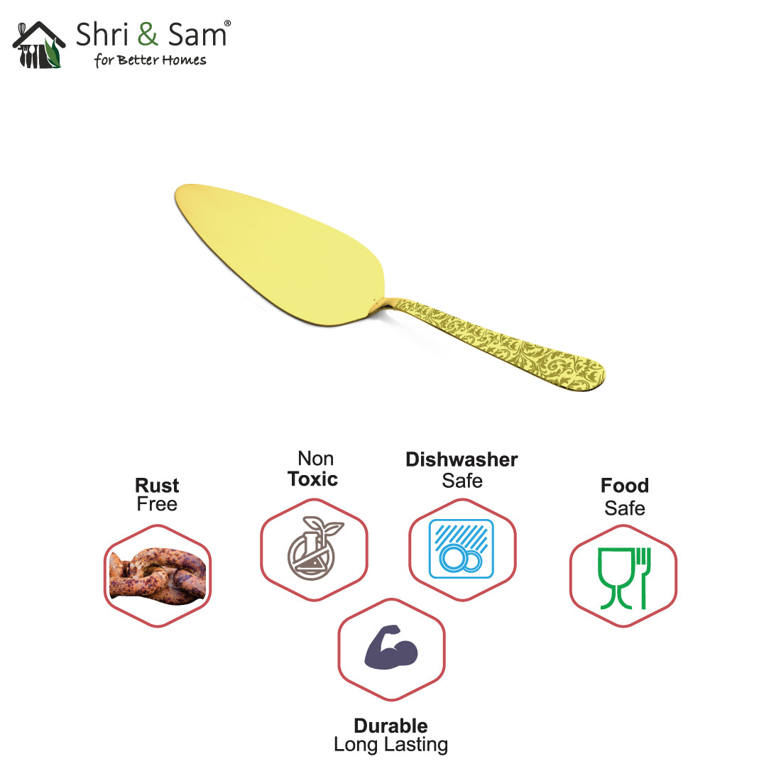 Stainless Steel Cake Server with Gold PVD Coating and Laser Jasmine