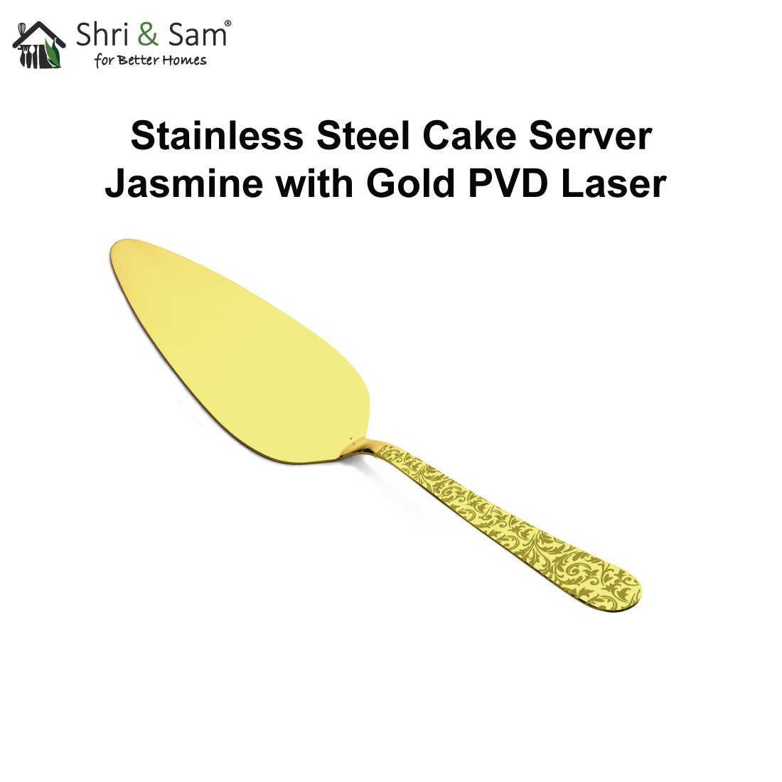 Stainless Steel Cake Server with Gold PVD Coating and Laser Jasmine