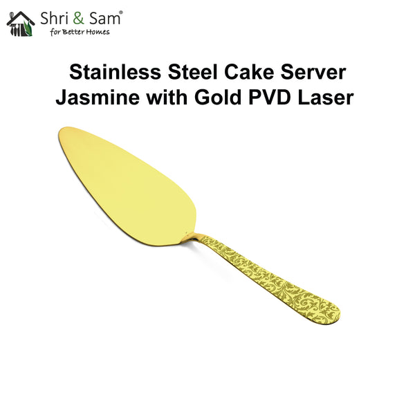 Stainless Steel Cake Server with Gold PVD Coating and Laser Jasmine