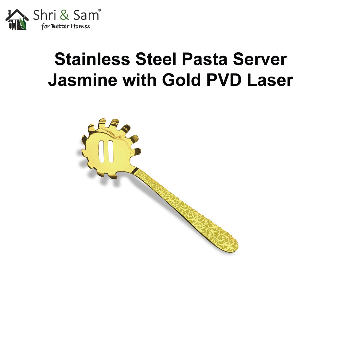 Stainless Steel Pasta Server with Gold PVD Coating and Laser Jasmine