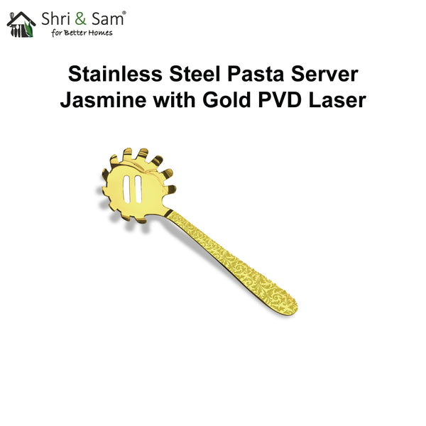 Stainless Steel Pasta Server with Gold PVD Coating and Laser Jasmine