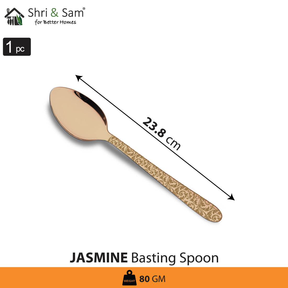 Stainless Steel Basting Spoon Solid with Rose Gold PVD Coating and Laser Jasmine