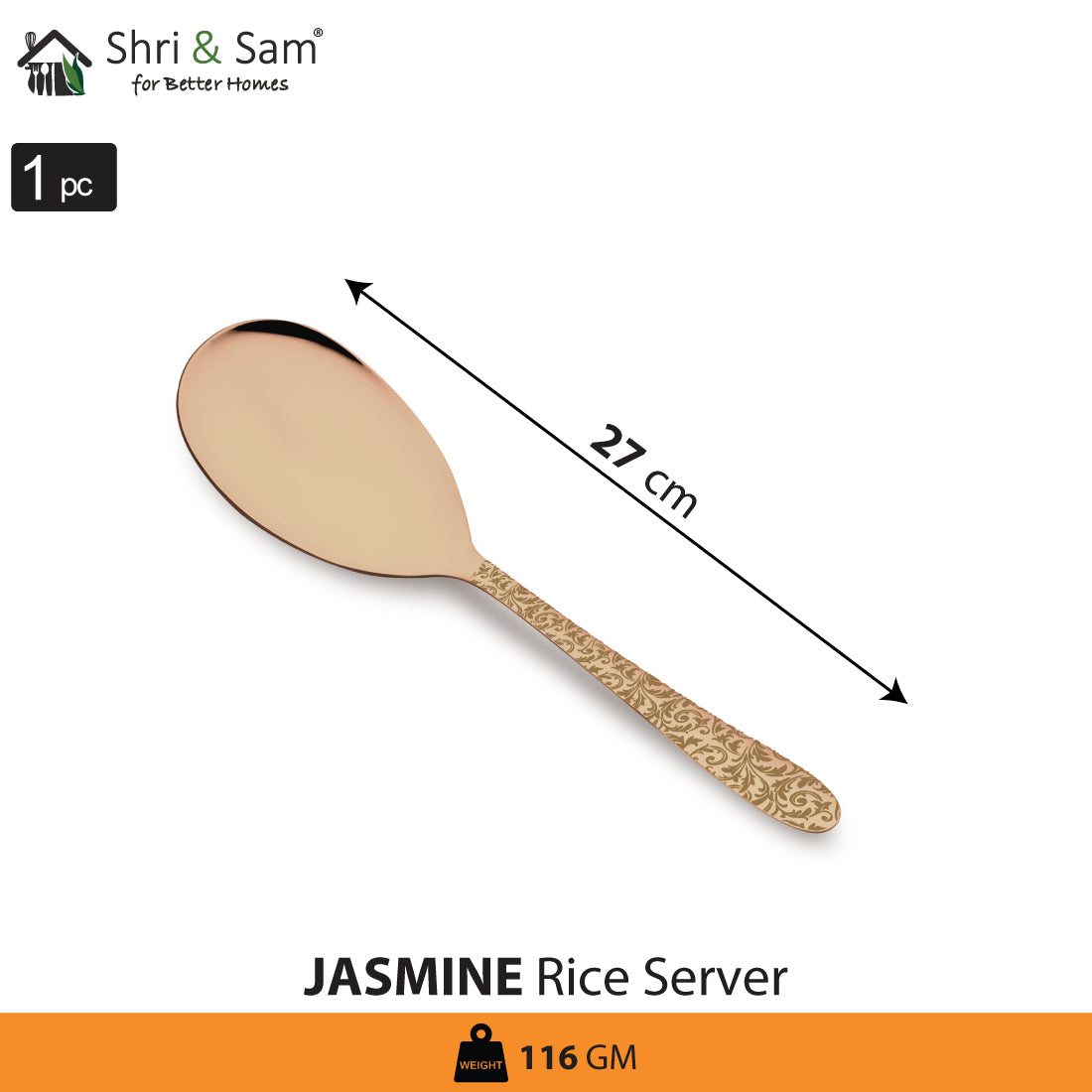 Stainless Steel Rice Server with Rose Gold PVD Coating and Laser Jasmine