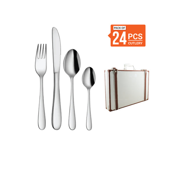 Stainless Steel 24 PCS Cutlery Set (6 Pcs Tea Spoon, 6 Pcs Dessert Spoon, 6 Pcs Dessert Fork and 6 Pcs Dessert Knife) with Leather Box Jasmine