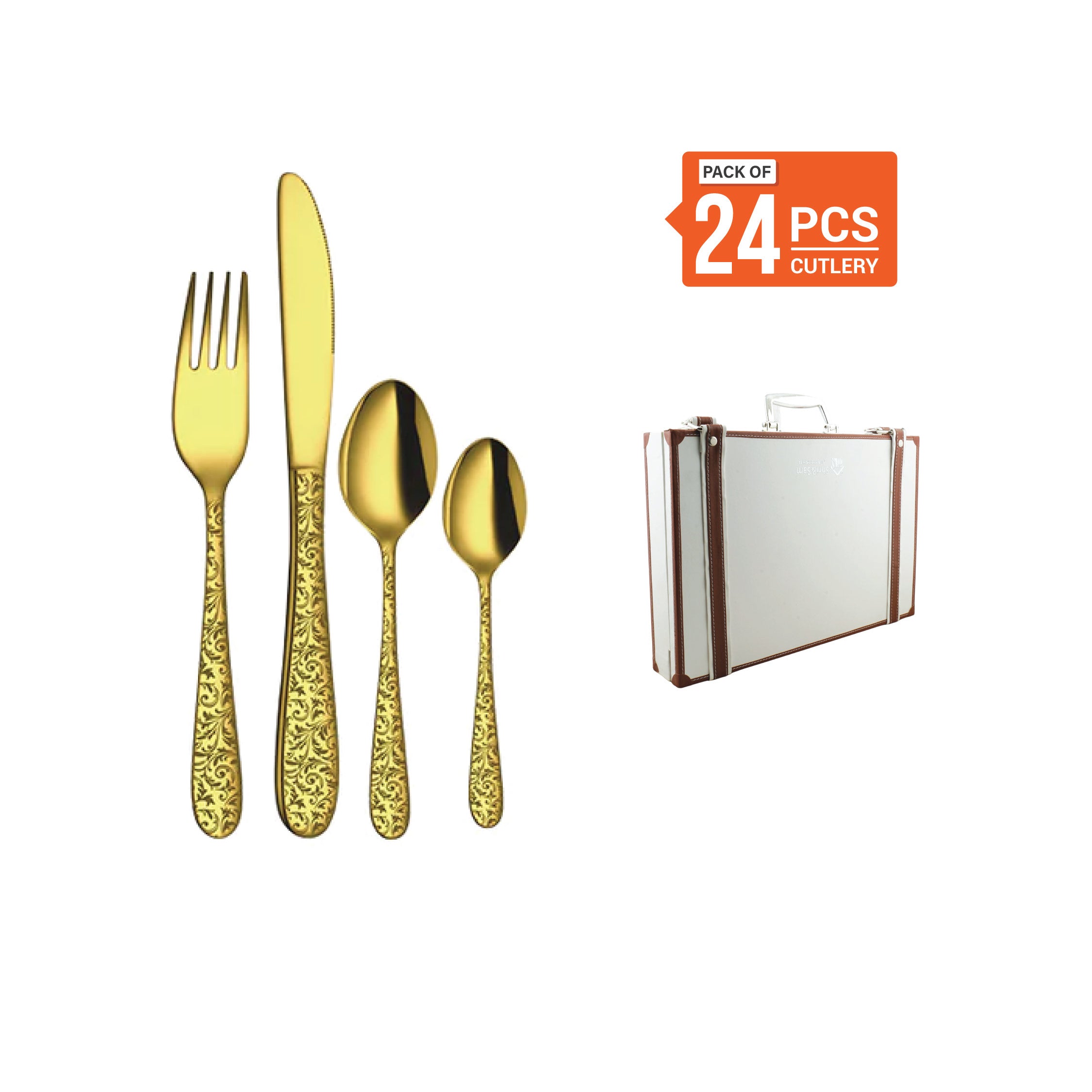 Stainless Steel 24 PCS Cutlery Set (6 Pcs Tea Spoon, 6 Pcs Dessert Spoon, 6 Pcs Dessert Fork and 6 Pcs Dessert Knife) with Leather Box and PVD Gold Coating with Laser Jasmine