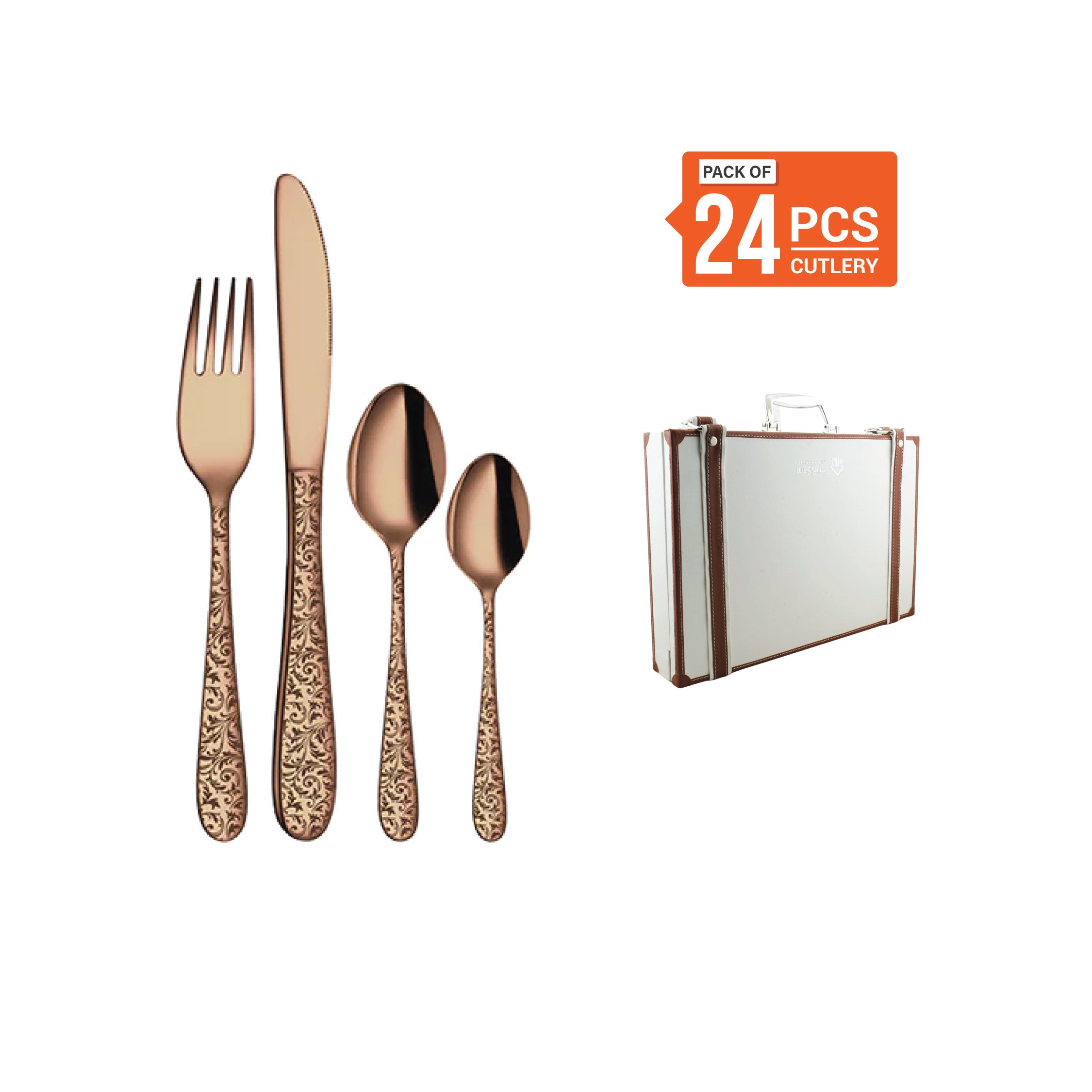 Stainless Steel 24 PCS Cutlery Set (6 Pcs Tea Spoon, 6 Pcs Dessert Spoon, 6 Pcs Dessert Fork and 6 Pcs Dessert Knife) with Leather Box and PVD Rose Gold Coating with Laser Jasmine