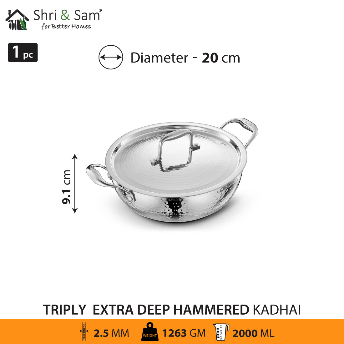 Stainless Steel Triply Hammered Bharat Extra Deep Kadhai with SS Lid